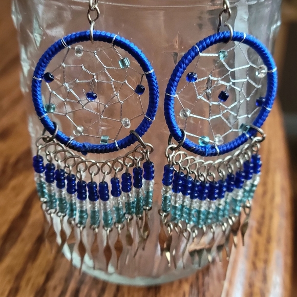 Jewelry - Handmade Blue Beaded Dream Catcher Dangle Earrings, Boho Chic Jewelry